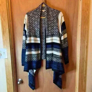Passport Long Sleeve Draped Open Front Cardigan Blue & Black Size XL